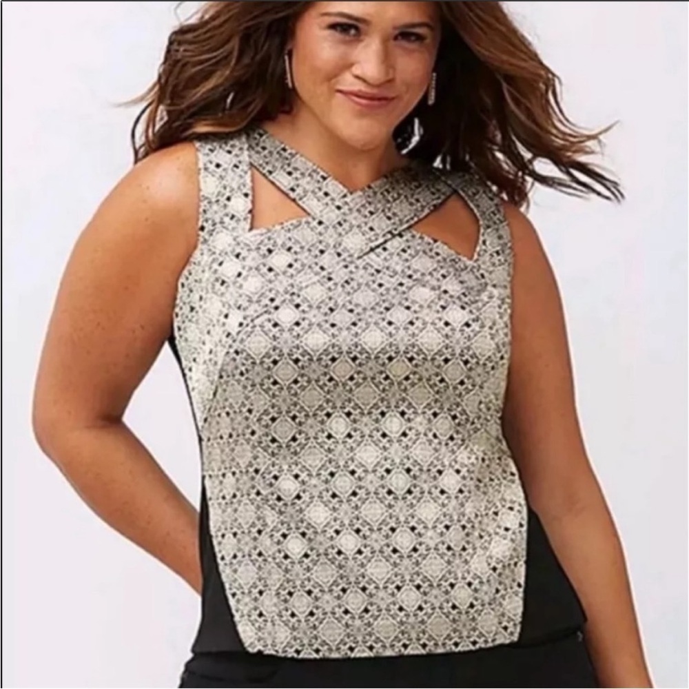 Lane Bryant Womens Black Gold Sleeveless Brocade Cutout Blouse Top Size 26